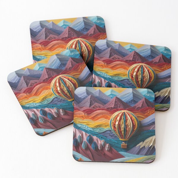 Item preview, Hot Air Balloons over Colorful Mountains – Ultra-Detailed Paper Quilling Style Artwork designed and sold by ColorSplash123.