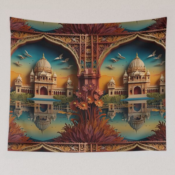 Item preview, Traditional Indian Palace – Ultra-Detailed Paper Quilling Style Artwork with Lotus Ponds and Peacocks designed and sold by ColorSplash123.