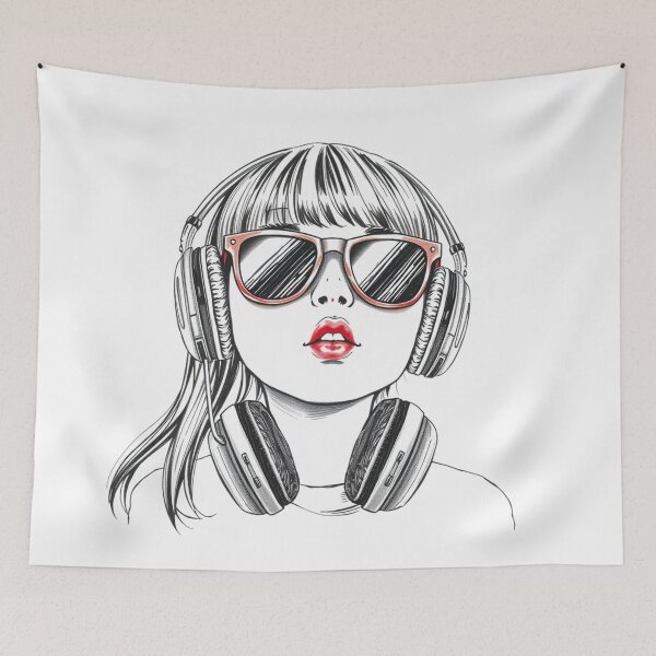 Item preview, Girl with headphones and sunglasses drawing minimalist designed and sold by IHImage.