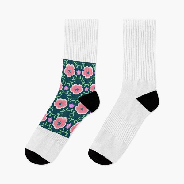 Item preview, Elegant seamless floral pattern with pink blossoms and green leaves on dark navy blue background designed and sold by Jukclassic.