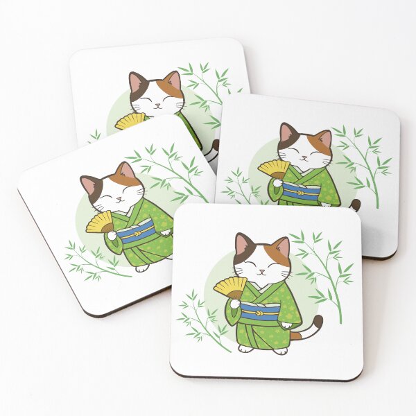 Item preview, Kawaii Calico Cat in Green Kimono with Bamboo – Cute Japanese Aesthetic designed and sold by Tattyarts.