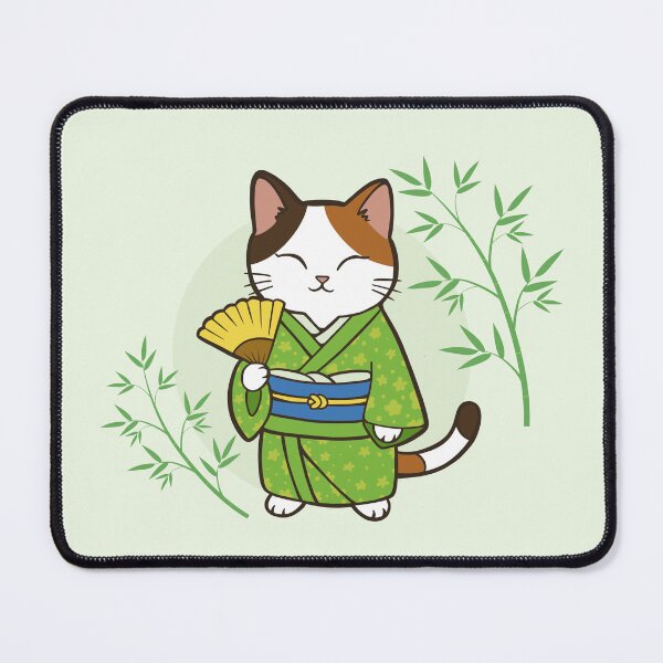 Item preview, Kawaii Calico Cat in Green Kimono with Bamboo – Cute Japanese Aesthetic designed and sold by Tattyarts.