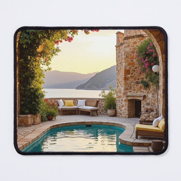Item preview, Mediterranean Stone Villa Poolside Sunset – Coastal Paradise Wall Art designed and sold by AlexeyevZurga.