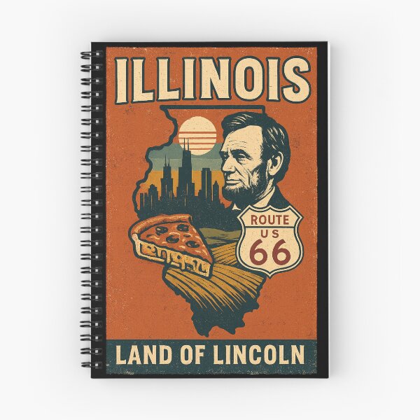 Item preview, Vintage Illinois Print – Route 66, Lincoln, Chicago Skyline Retro State Map Design designed and sold by Thehatinthecat.