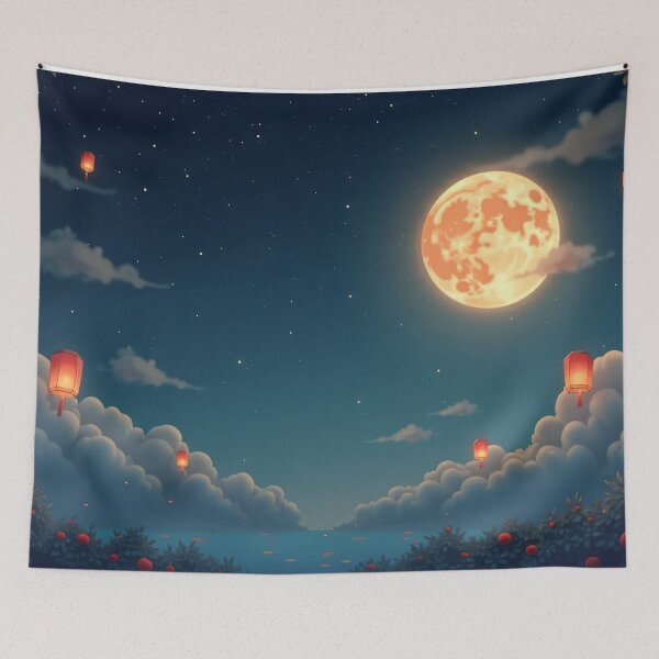 Item preview, Full moon festival night sky background with glowing red lanterns and fluffy clouds designed and sold by Mimoshi ⭐⭐⭐⭐⭐.