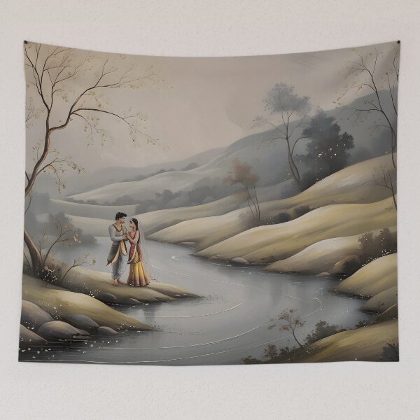 Item preview, Romantic Kangra Painting of Radha and Krishna in Lush Landscape designed and sold by Haus Of K.