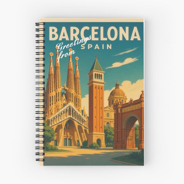 Aperçu de l'œuvre Salutations de Barcelone, Espagne - Vue rétro colorée de la ville (trois monuments) créée et vendue par Earth Celebration Designs.