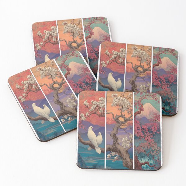 Item preview, Ukiyo-e style thriptch japanese art with white doves designed and sold by Pigeonarchy.