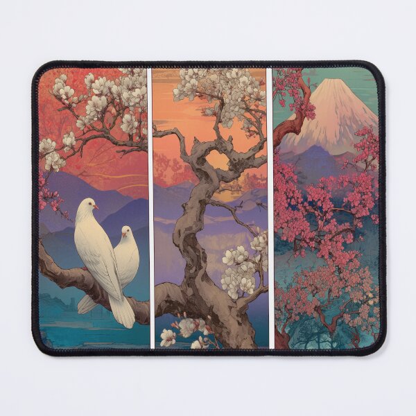 Item preview, Ukiyo-e style thriptch japanese art with white doves designed and sold by Pigeonarchy.