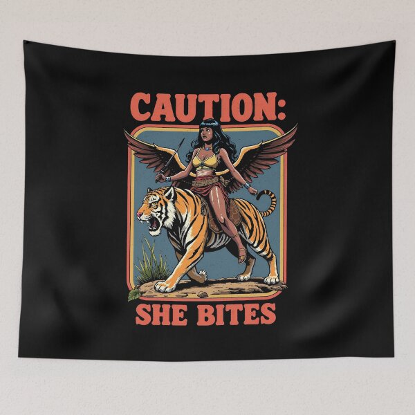 Item preview, CAUTION: She Bites - Winged Warrior Woman Riding a Tiger designed and sold by Vintagenaut Co..