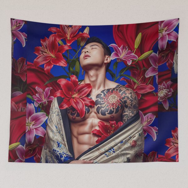 Item preview, Sensual Tattoed Asian Man in Kimono with Lilies designed and sold by Atlas Kai.