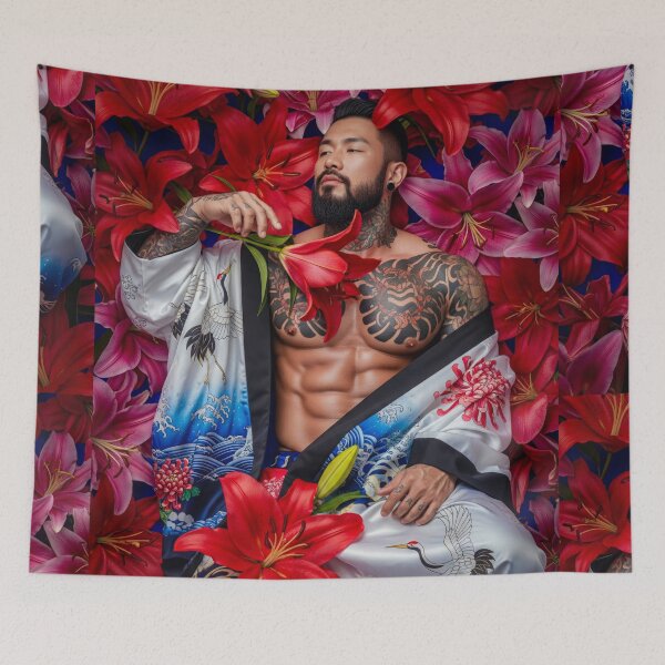 Item preview, Sensual Tattoed Asian Man in Kimono with Lilies #2 designed and sold by Atlas Kai.