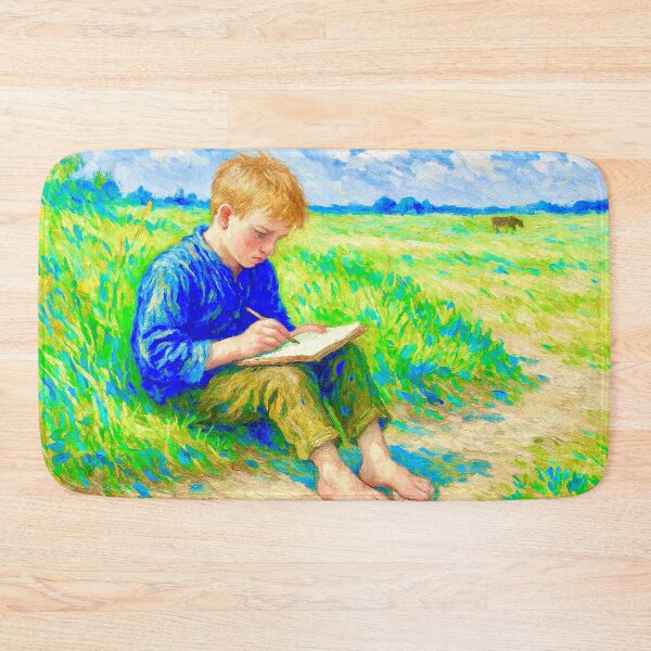 Item preview, A boy sits in the grass and writes designed and sold by Steffani Lehmann.
