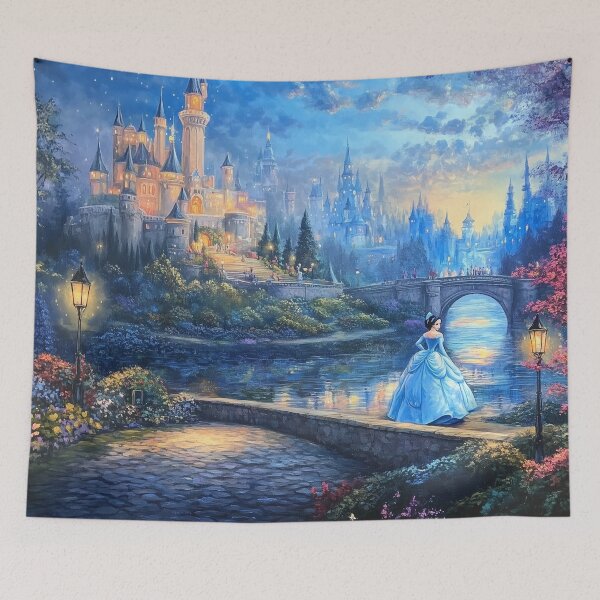 Item preview, Beautiful Woman in a Sparkling Blue Dress by a Magical Castle – Enchanted Fantasy Art designed and sold by baggycatsworld.