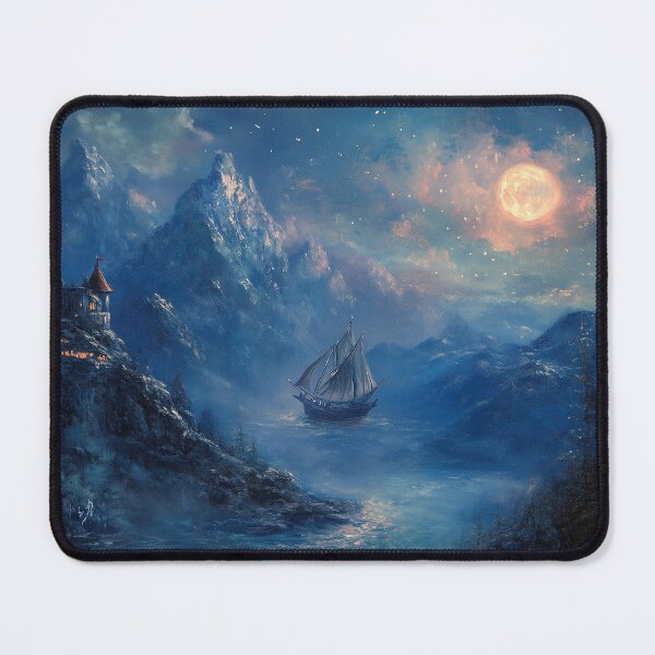 Item preview, Pirate Ship Outside a Rock Castle at Night with the Moon – Dark Fantasy Adventure Art designed and sold by baggycatsworld.