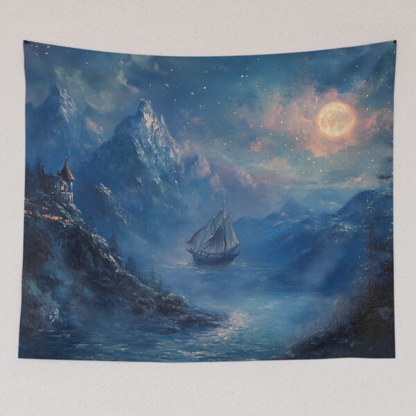Item preview, Pirate Ship Outside a Rock Castle at Night with the Moon – Dark Fantasy Adventure Art designed and sold by baggycatsworld.