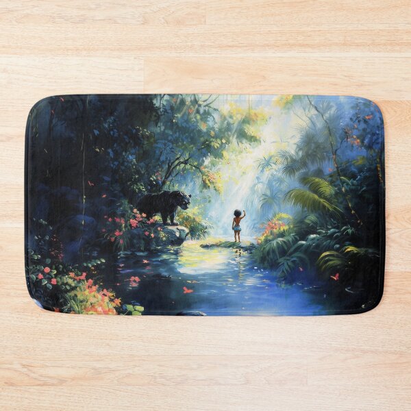 Item preview, Young Boy Standing in a Jungle with a Beautiful Tiger – Fantasy Wildlife Art designed and sold by baggycatsworld.