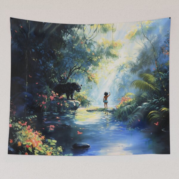 Item preview, Young Boy Standing in a Jungle with a Beautiful Tiger – Fantasy Wildlife Art designed and sold by baggycatsworld.