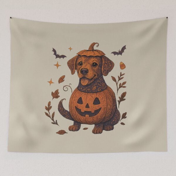 Item preview, Whimsical Halloween Dog Illustration | Pumpkin Floral Dog Art designed and sold by SingerNZ.