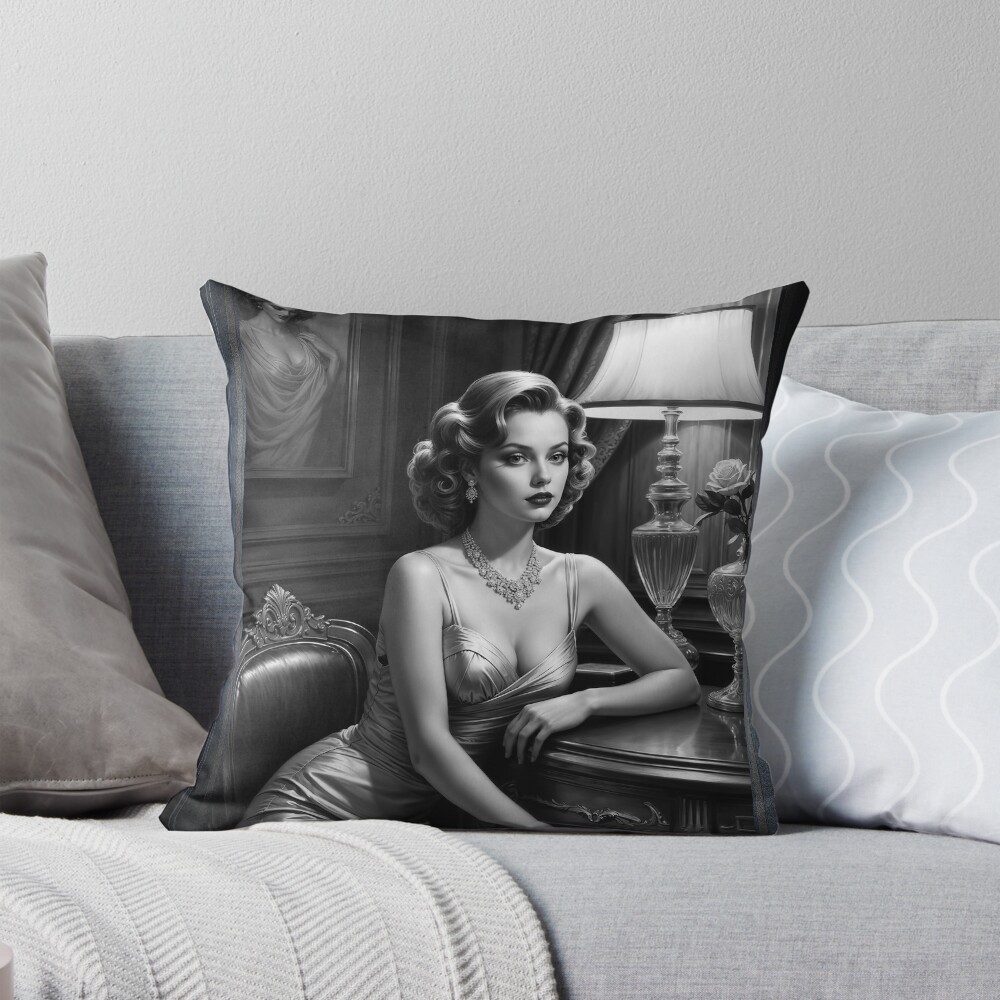 Timeless Allure Film Noir Portrait Of Lady Xantheia Stunning AI Concept Art by Xzendor7 Decorative Art Print Throw Pillow