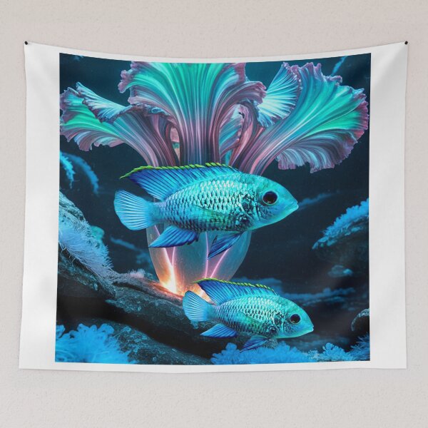 Item preview, Electric Blue Acara Cichlids Underwater Scape Fantasy Surreal Aquarium Art designed and sold by Aquarium Eclipse.