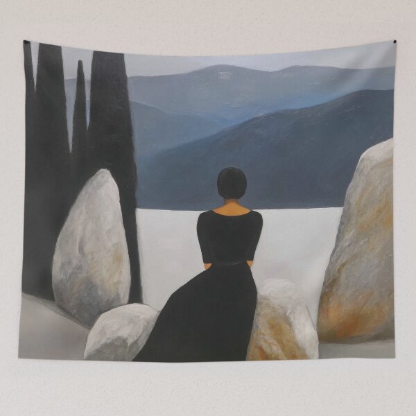 Item preview, Solitude in Black – Minimalist Woman by the Lake with Mountains designed and sold by dawnleblanc55.