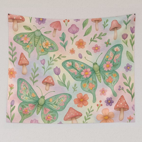 Item preview, Whimsical Moth & Butterfly Pattern – Pastel Garden with Mushrooms designed and sold by Zee's Whimsical Wonders.