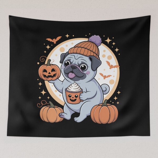 Item preview, Ghost Pug Pumpkin Drinks Beanie Fall Halloween designed and sold by Sunset4Bones.