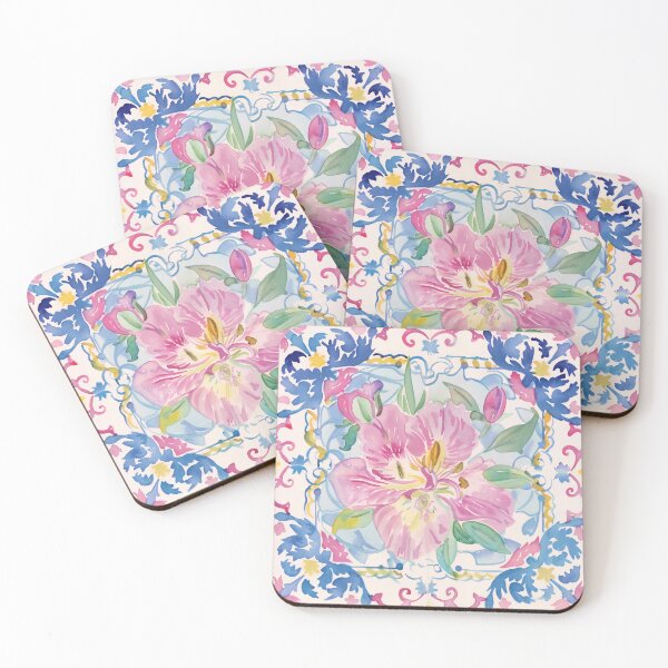 Item preview, Watercolor Pink Floral Portuguese Tile – Ornate Decorative Vintage Pattern designed and sold by imaginefountain.