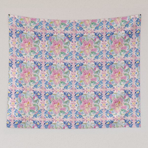 Item preview, Watercolor Pink Floral Portuguese Tile – Ornate Decorative Vintage Pattern designed and sold by imaginefountain.