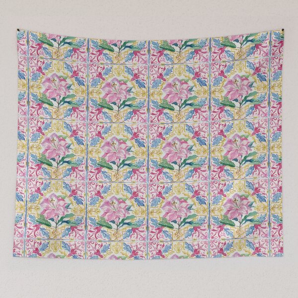 Item preview, Watercolor Pink Lily Portuguese Tile – Ornate Floral Vintage Pattern designed and sold by imaginefountain.