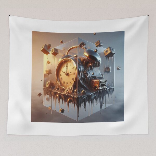 Item preview, Surreal Melting Clock Floating Over Cube – Dreamlike Abstract Art designed and sold by ashokreddy343.