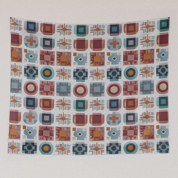 Item preview, A vibrant, geometric repeating pattern squares tiles wallpaper in blue, red, orange, and teal. designed and sold by Digital-Davinci.
