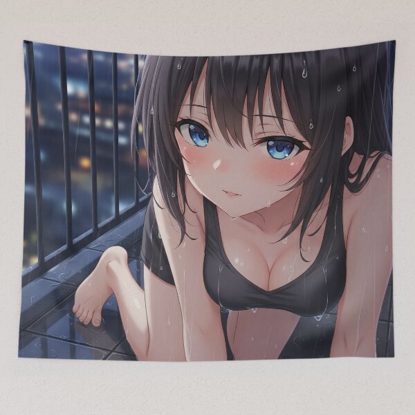 Item preview, A tiny Waiffu on a balcony in the pouring rain, looks sadly through her blue eyes designed and sold by GerwantSHOP.