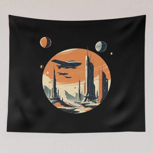Item preview, Vintage Space Retro Sci-Fi City Planets Futuristic Starships designed and sold by SynizesisShop.