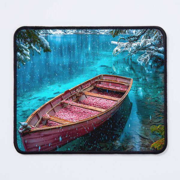 Item preview, Snowy Lake Scene with Boat in Serene Wilderness designed and sold by Artessie.
