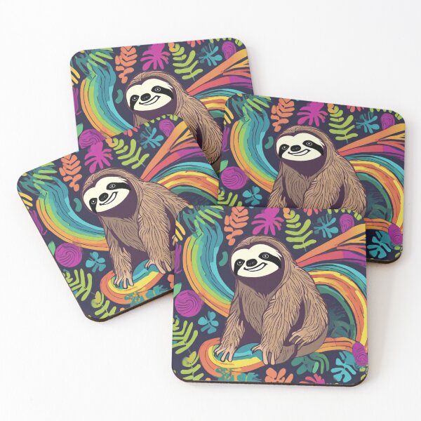 Item preview, Colorful Groovy Sloth Art Print on Psychedelic Rainbow Jungle Background designed and sold by VonsKraftCorner.