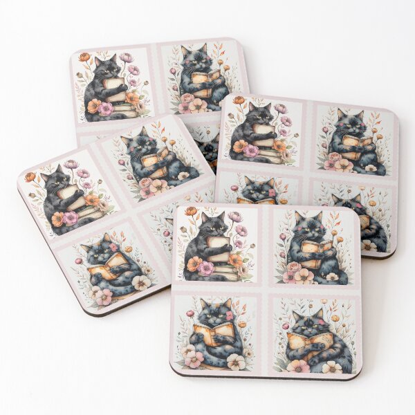 Item preview, Vintage  Autumn Halloween  Witchy Cat Watercolor, Black Cat Reading a Book, Black Cat with Flower designed and sold by KolorellaS.