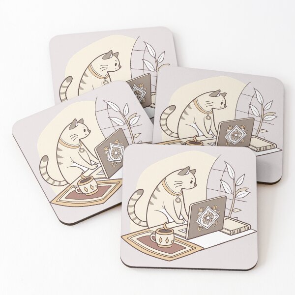 Item preview, Cute Cat with Coffee Working on Laptop with Islamic Patterns – Minimalist Study Artwork designed and sold by The Velvet Vault.
