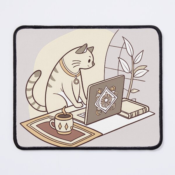 Item preview, Cute Cat with Coffee Working on Laptop with Islamic Patterns – Minimalist Study Artwork designed and sold by RAZ1995.