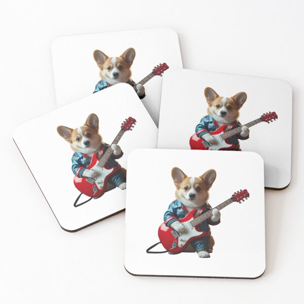 Item preview, Cool Corgi Puppy in Leather Jacket Playing Red Electric Guitar designed and sold by BGHoneyPrints.
