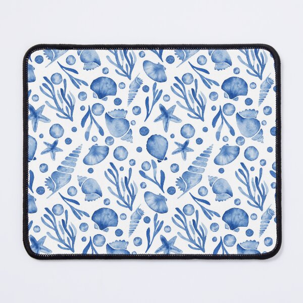 Item preview, watercolor sea shells, sea stars, pearls, seaweed - blue and white designed and sold by Carrot Faery Art.