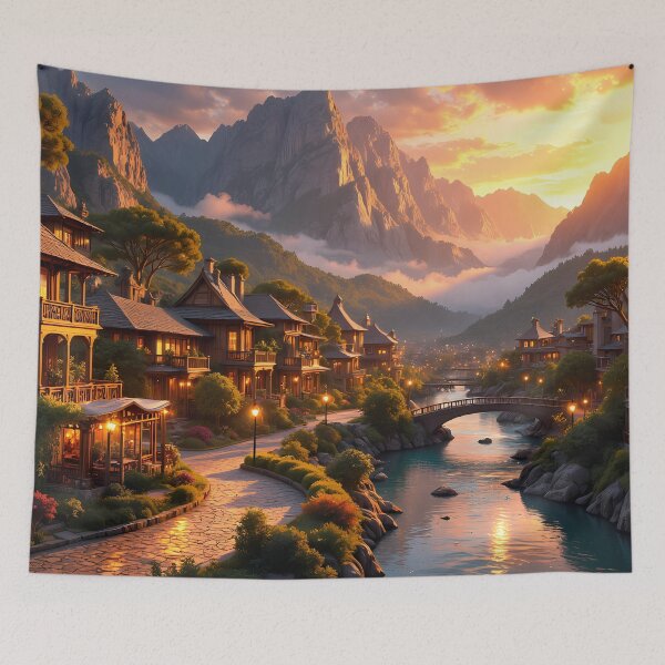 Item preview, Mountain Village at Sunset designed and sold by Mackadoodle Doo.