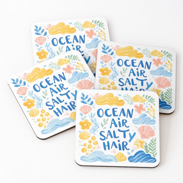 Item preview, Blue “Ocean Air Salty Hair” Quote with Seashells & Ocean Plants – Coastal Summer Design designed and sold by BobaBunny76.