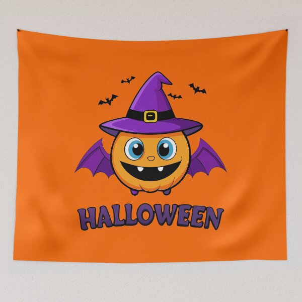 Item preview, Kawaii Halloween pumpkin with bat wings and witch hat – cute cartoon illustration with “Halloween” lettering designed and sold by GabbyKI261.