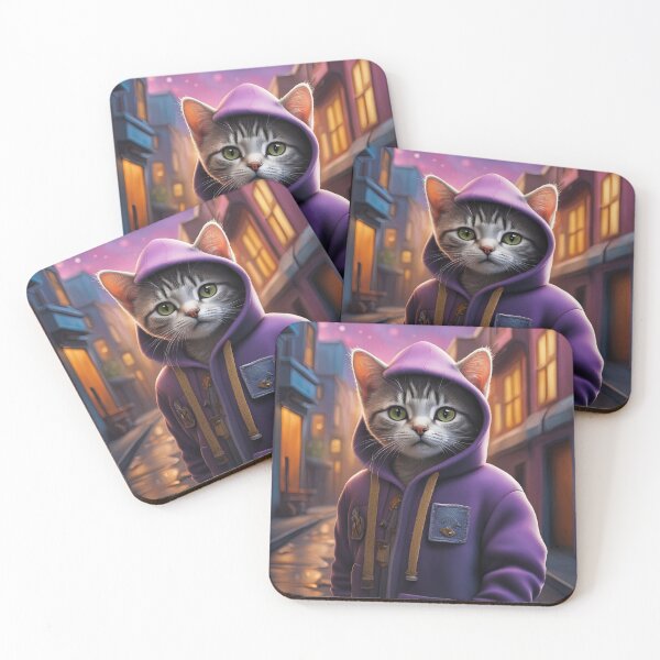 Item preview, Folk Art Kitten wearing a hoodie in a big city back alley designed and sold by Colin Bentham.