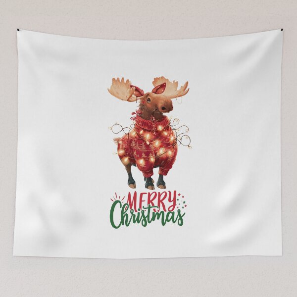 Item preview, Cute Christmas moose in sweater with fairy lights Merry Christmas illustration designed and sold by Anastasiia Yurevych.