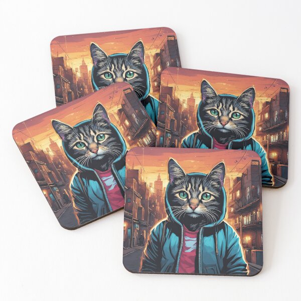 Item preview, Folk Art Kitten wearing a hoodie in a big city back alley designed and sold by Colin Bentham.