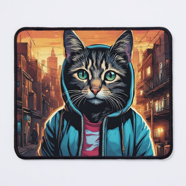 Item preview, Folk Art Kitten wearing a hoodie in a big city back alley designed and sold by Colin Bentham.
