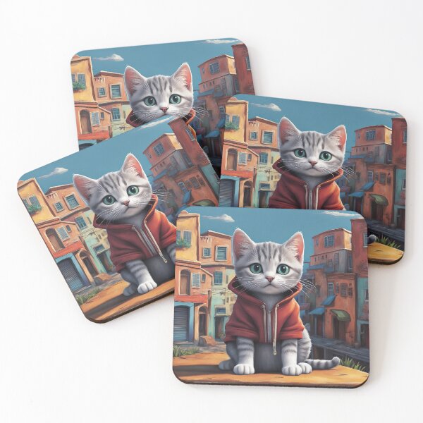 Item preview, Folk Art Kitten wearing a hoodie in a big city back alley designed and sold by Colin Bentham.